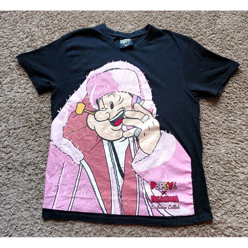 Popeye X Reason T-Shirt Men's Size Medium Graphic Print Black Shirt Exclusive